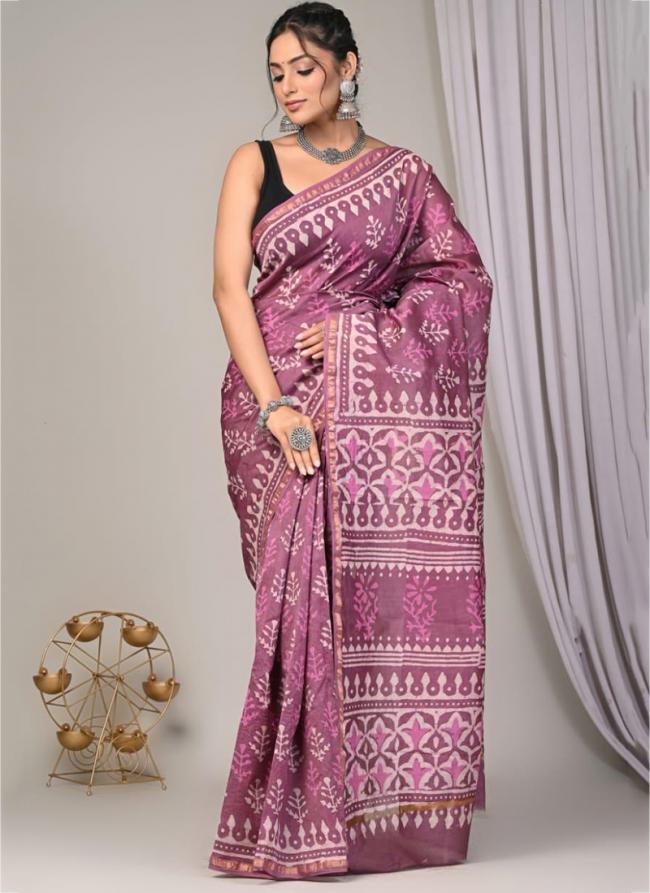 Chanderi Silk Purple Festival Wear Block Printed Saree